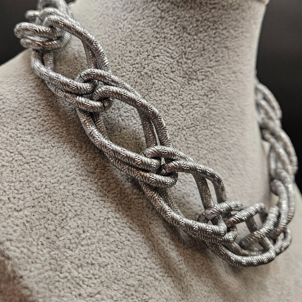 Sabika Silver Textured Double Oblong Intertwined Necklace